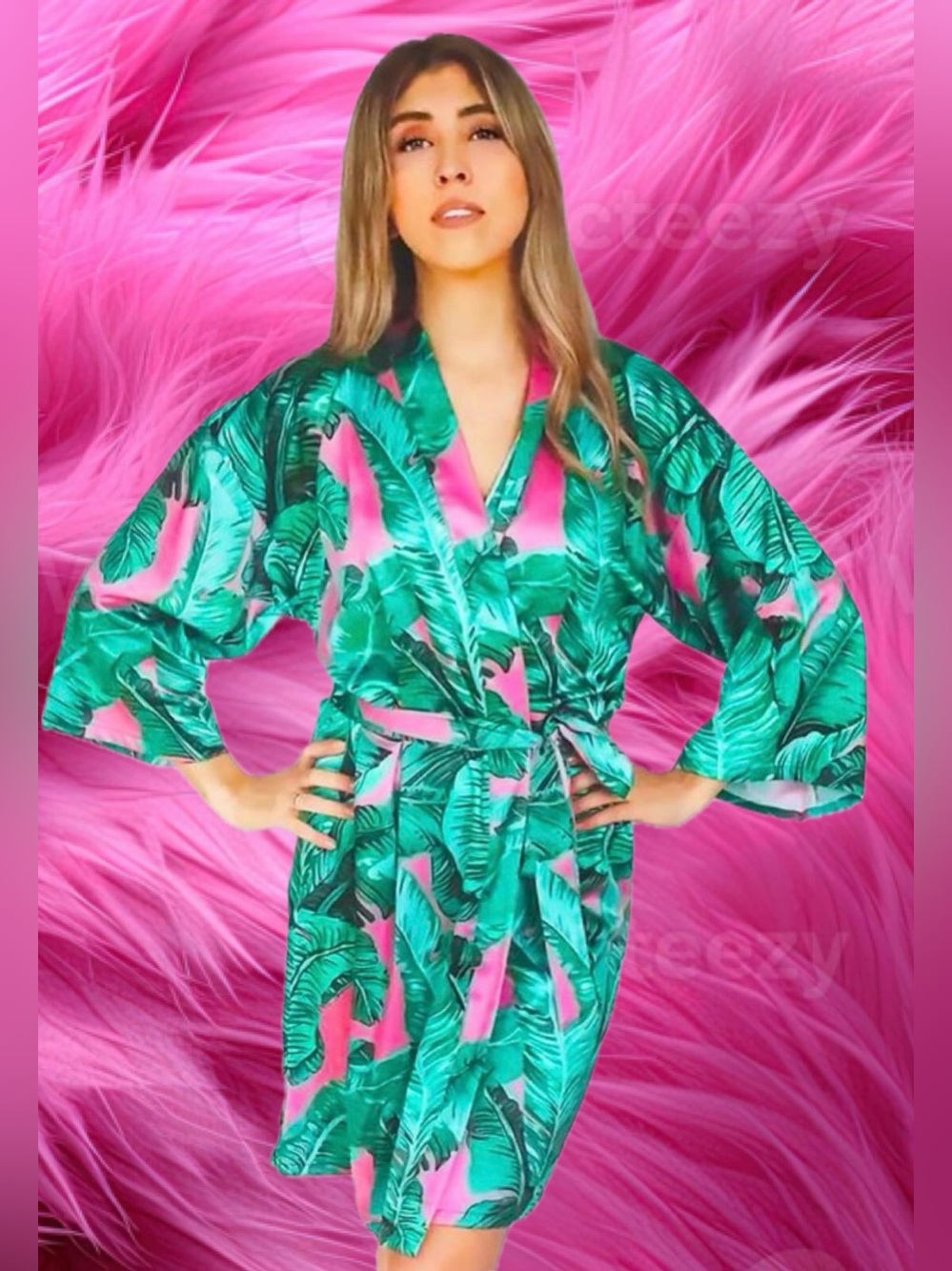 Buddy Love Mimosa Morning Satin Robe in Palm Leaf Emerald Green & Vibrant Pink